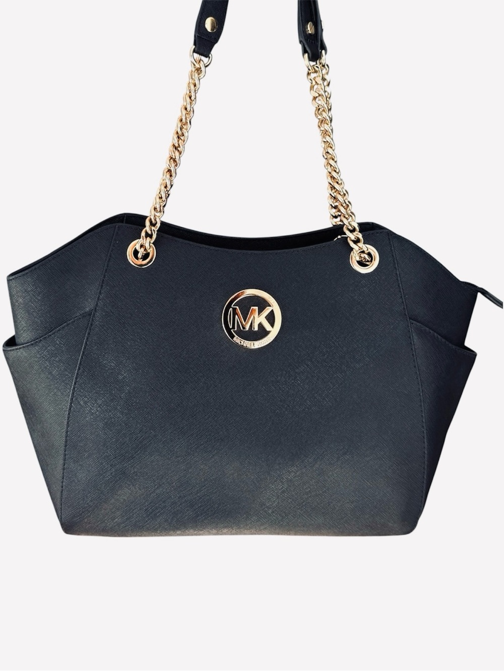 Michael Kors Black Saffiano Leather Tote with Gold Chain Straps